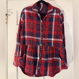 Free People Easy Street Plaid Shirt Womens Medium Button Front Flannel Tunic Top